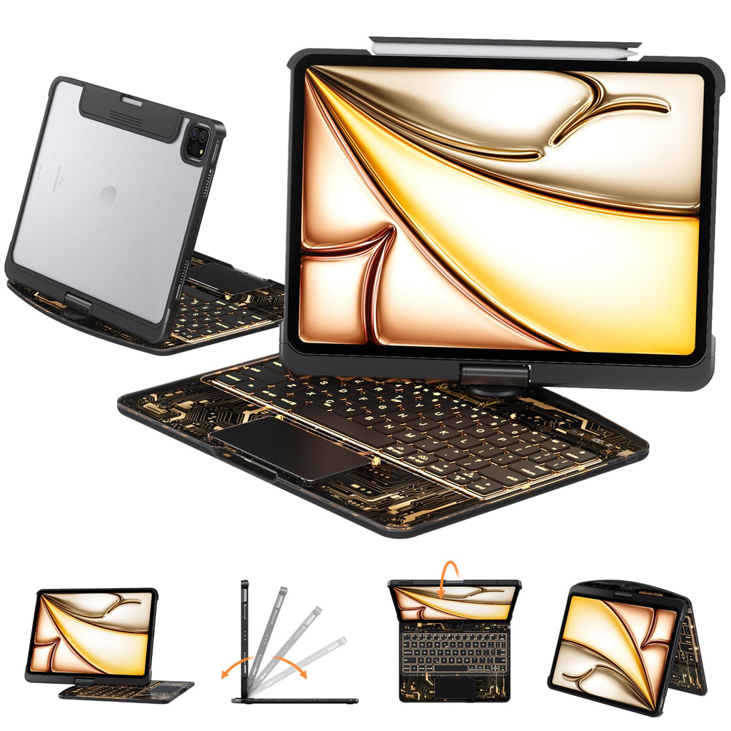 Transparent Case with Keyboard for iPad 11th Gen 11 Inch.(A16, 2025) & 2022 iPad 10th Gen 10.9 Inch,7-Color Backlit,Wireless Keyboard, 360°Rotating,with trackpad,Pencil Holder,with Shortcuts,black