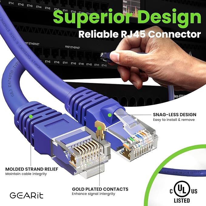 GearIT Cat 6 Ethernet Cable (20-Pack 1 Foot) Cat6 Network Patch, 10Gbps, RJ45, Snagless Cord, Gold-Plated Connectors, Internet for PC, TV, Tablet, Router, Printer, Servers, IT Data Center - Purple