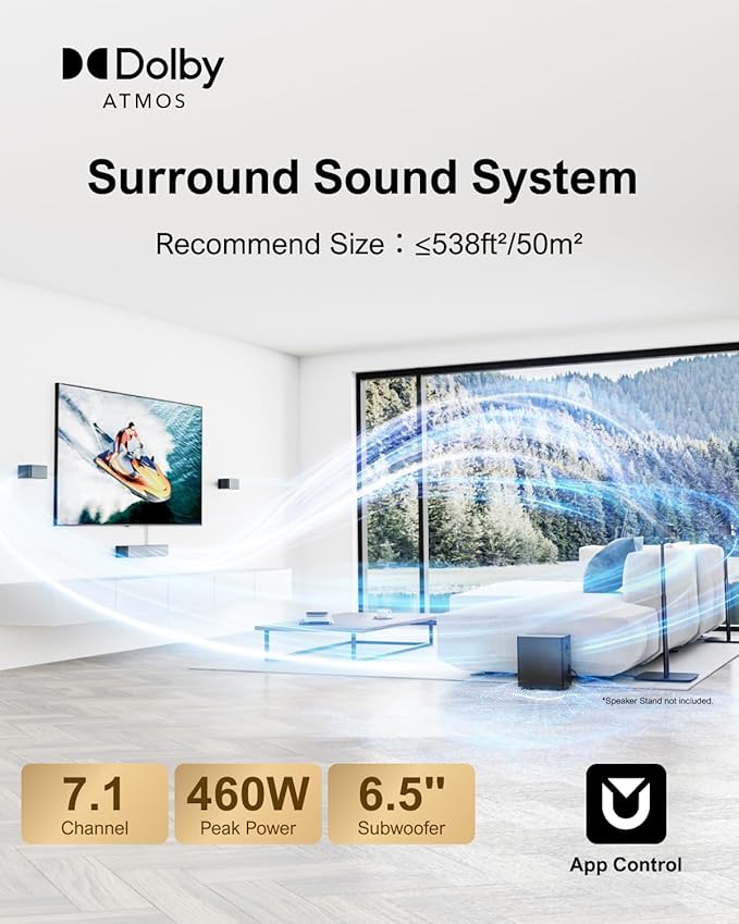ULTIMEA 7.1CH Surround Sound System for TV, Soundbar with Dolby Atmos, 6.5" Wireless Subwoofer, APP Control, 4 Wired Surround Speakers, Peak Power 460W Soundbar for TV, Poseidon D80 (New 2025 Model)
