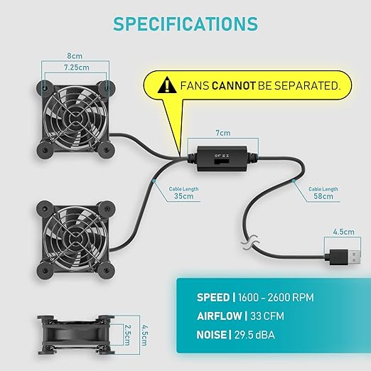 ANEXT, USB Fan, USB Computer Fan, Silent Fans for Receiver DVR PlayStation Xbox Computer, (80mm, Black Dual Packs)