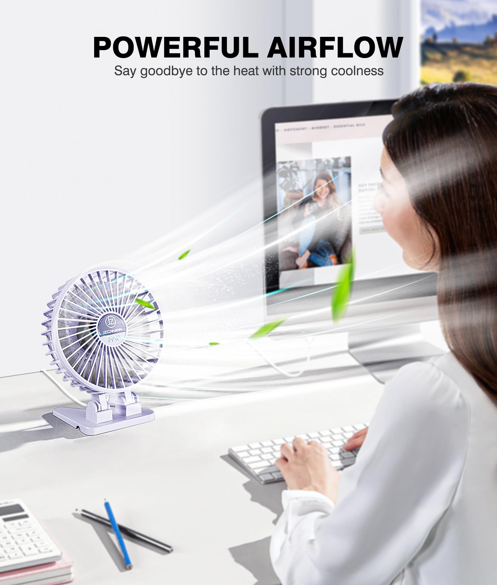 JZCreater USB Desk Fan, Mini Fan Portable, 3 Speeds Desktop Table Cooling Fan, Plug in Power Fan, Rotation Strong Wind, Quiet Personal Small Fan for Home Desktop Office Travel Bedroom, Purple