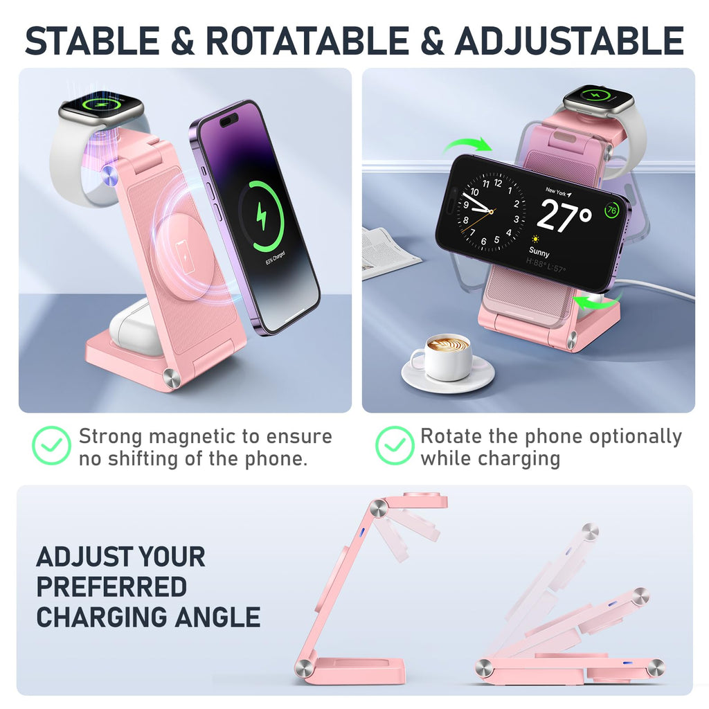 GEJIUCAI Magnetic Wireless Charger Stand, 3 in 1 Foldable Wireless Charging Station, Travel Charger for Multiple Devices for iPhone 16 15 14 13 12 Series, Apple Watch Ultra/SE/9/8/7/6/5/4/3/2, AirPods