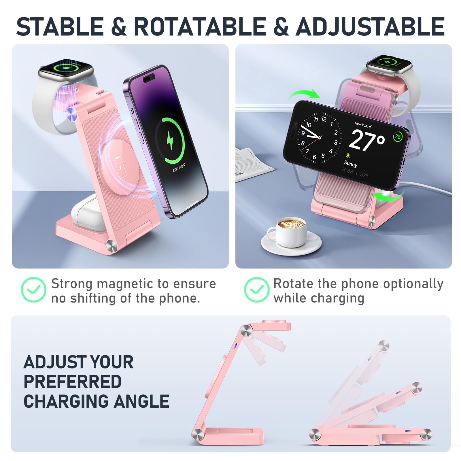 GEJIUCAI Magnetic Wireless Charger Stand, 3 in 1 Foldable Wireless Charging Station, Travel Charger for Multiple Devices for iPhone 16 15 14 13 12 Series, Apple Watch Ultra/SE/9/8/7/6/5/4/3/2, AirPods