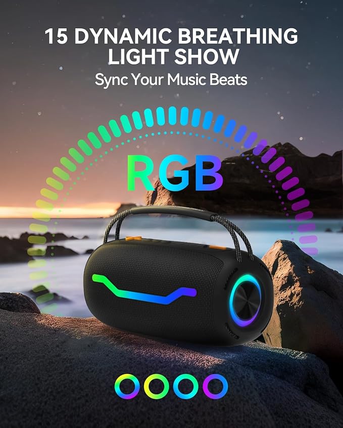 Portable Bluetooth Speaker with Light, Loud Sound and Deep Bass, IPX6 Waterproof, Up to 18H Playtime, TWS Pairing, Support Bluetooth/AUX/USB/TF Card for Home, Party, Outdoor and Travel (Black)