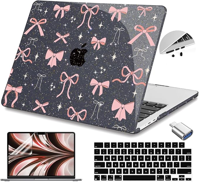 Teryeefi for MacBook Air 13.6 inch Case M4 M3 M2 2024-2022 Release Model A3240 A3113 A2681, Protective Plastic Hard Shell Case Cover for MacBook Air M2 M3 M4 Chip 13 inch, Pink Ribbon Bow-105