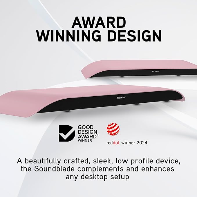 BlueAnt Soundblade Under Monitor Soundbar, Powerful 120 watt, 2.1 Channel USB-C, Bluetooth 5.3 Desktop Speaker for PC, Mac for Streaming Content, Music and Gaming. (Pink)