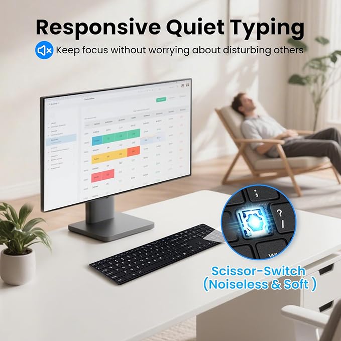 Wireless Keyboard-2.4G Ultra Slim Quiet Full Size Matte USB PC Computer Keyboard,19 Multimedia Keys,Number Pad,Plug&Play,Lag-Free Ergo,Long Battery life for Desktop,Laptop,Smart TV,MAC,Windows,QWERTY