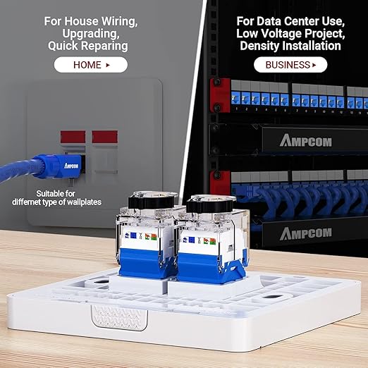 AMPCOM CAT6A UTP RJ45 Keystone Jack 50u Gold Plating Reusable Ethernet Wall Jack with Adjustable Ratchet Lock (No Tool and Zip Tie Required) - Blue (12-Pack)