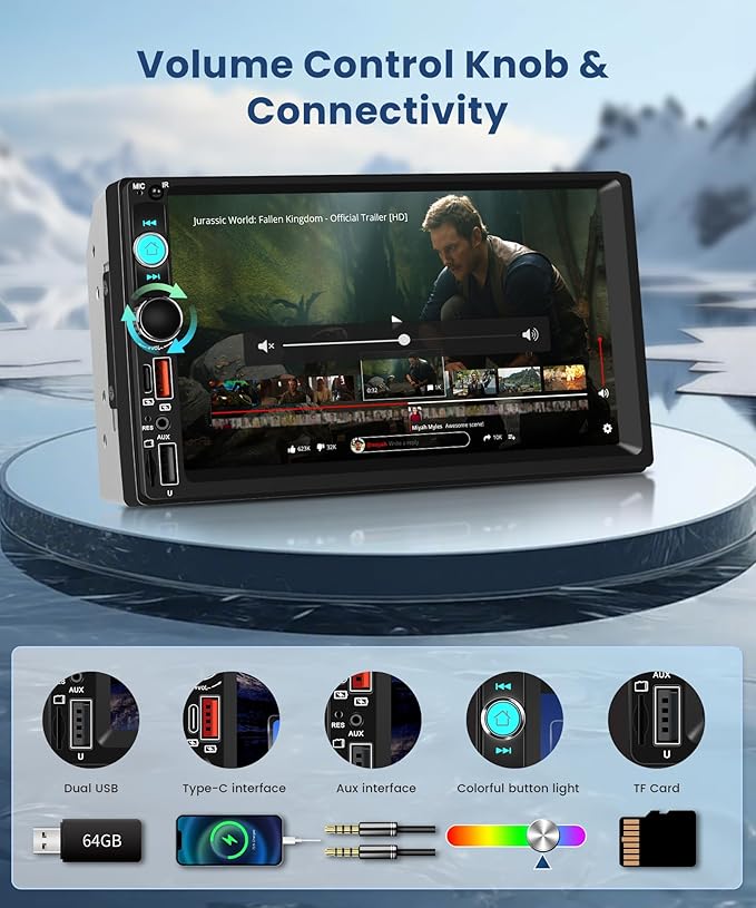 2 DIN Car Stereo Wireless Carplay&Android Auto, USB-C Head Unit 7” Touch Screen Car Radio Volume Knob Bluetooth EQ FM Mirror Link Double USB-A TF +Rearview Camera