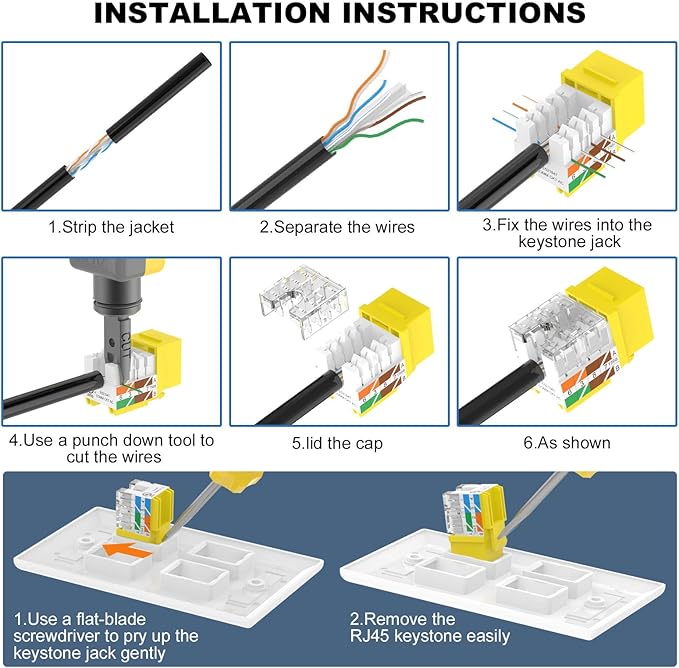 VCE UL Listed Cat6 RJ45 Keystone Jack Insert 25-Pack, 90 Degree Punch Down Keystone Jack Adapter Slim Profile Yellow