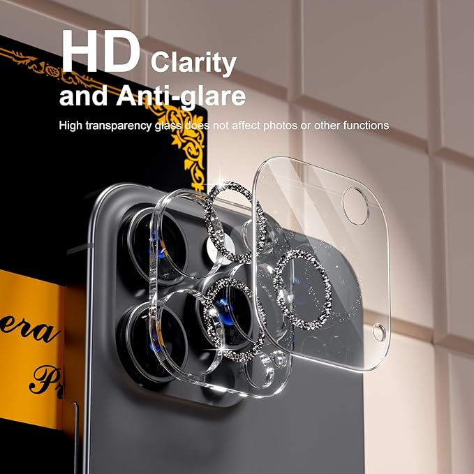beuxece for 6 Pack iPhone 16 Pro/iPhone 16 Pro Max Camera Lens Protector [Drop Protection] [Case Friendly] [Easy Installation] 9H Tempered Glass Camera Screen Protector Cover, Glitter Black