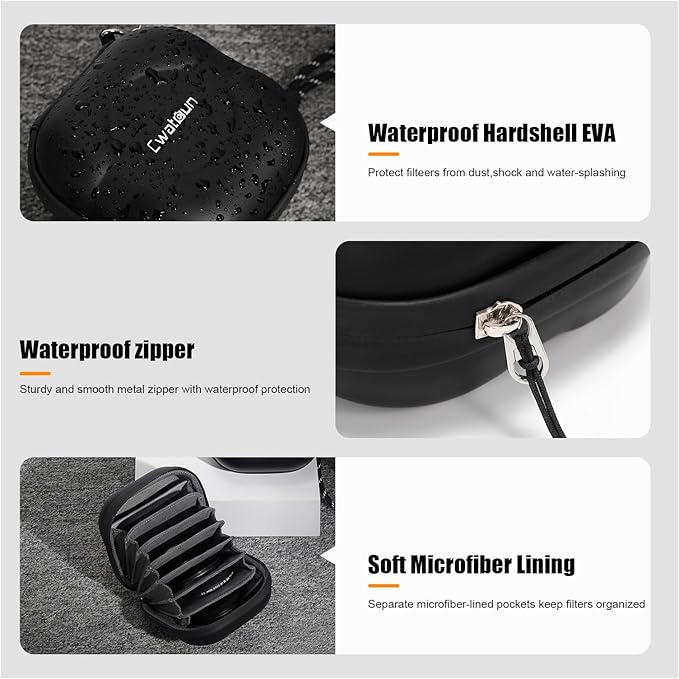 Cwatcun Hard Shell Lens Filter Case, Camera Filter Case for 7 Filters Up to 100mm with Hand Strap, Dustproof & Waterproof Camera Lens Filter Storage Case for ND UV CPL Filter Pouch
