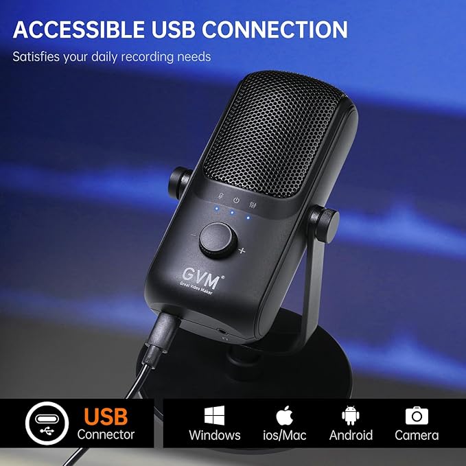GVM Condenser Microphone, USB Type-C Podcast Recording Microphone for Vocal Voice-Over Streaming Studio Metal Mic with Mic Mute Headphone Jack Monitoring Volume Control Vocal Mic for Singing YouTube