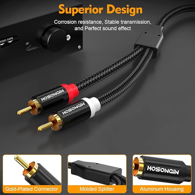HOSONGIN RCA Cables 20ft 2 Pack[Hi-Fi Sound, Nylon Braided, Shielded], 2-Male to 2-Male RCA Audio Stereo Subwoofer Cable Auxiliary Cord for Home Theater, HDTV, Amplifiers, Hi-Fi Systems, Speakers