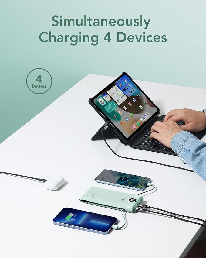 VEGER Portable Charger for iPhone with Built in Cables and Wall Plug, 10000mah Slim Fast Charging USB C Power Bank, Travel Essential Battery Pack Compatible with iPhone, iPad, Samsung etc(Green)