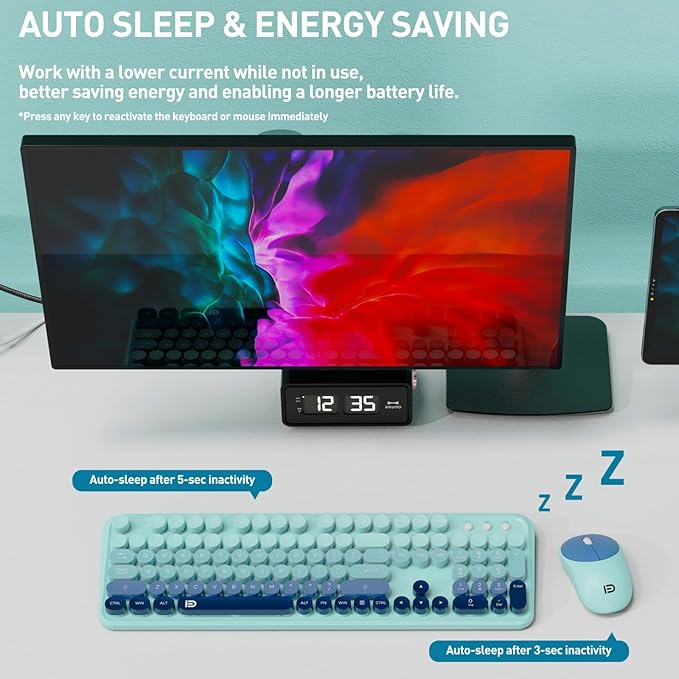 Wireless Keyboard and Mouse Set, 104 Round Keys Full-Size Cute Colorful Keyboard and Mouse with Retro Typewriter for PC/Mac/Laptop/Tablet/Computer/Windows Blue