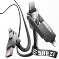 SHEZI Nylon Braided 4 in 1 USB C Cable 240W 3FT Compatible with Lightning Cable, Fast Charging for iPhone/iPad Charger Cord [480Mbps Data Sync],Multi Charging Cable with Type C/USB A, Grey