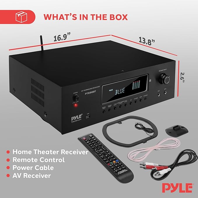 Pyle 1000W Bluetooth Home Theater Receiver - 5.2 Channel Surround Sound Stereo Amplifier System with 4K Ultra HD, 3D Video & Blu-Ray Video Pass-Through Supports, HDMI/MP3/USB/AM/FM Radio - Pyle, Black