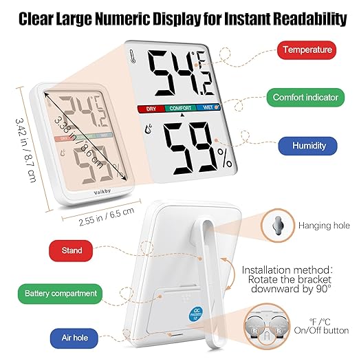 Vaikby Precision Hygrometer - Indoor Humidity Meter and Room Thermometer with Temperature Gauge, Digital Monitor for Home Comfort, Wall-Mounted or Tabletop, Energy-Efficient Sensor for Nursery & House