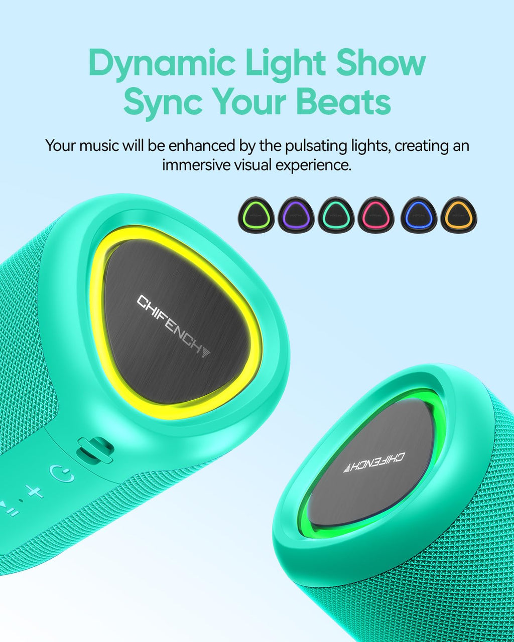 Portable Bluetooth Speaker Beach Essentials: Powerful Crystal Clear Sound/Dynamic Light/IPX5 Waterproof/All Day Playtime/Wireless BT 5.3/TWS Paring, Dad Gifts, Outdoor|Travel|Camping|Pool Accessories