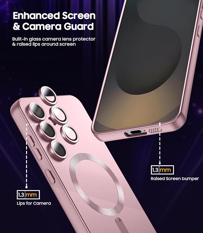 Magnetic for Samsung Galaxy S25 Plus Case [Compatible with MagSafe][Built-in Camera Lens Protector] Slim Soft Silicone Bumper Shockproof Metallic Luster Phone Shell (Rose Gold)