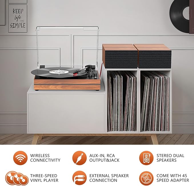 Vinyl Record Player with Speakers Vintage Turntable for Vinyls Records External Speakers Belt-Driven Turn Table Support 3-Speed Wireless Playback Headphone AUX-in LP Phonograph Audio Sound Wood Red