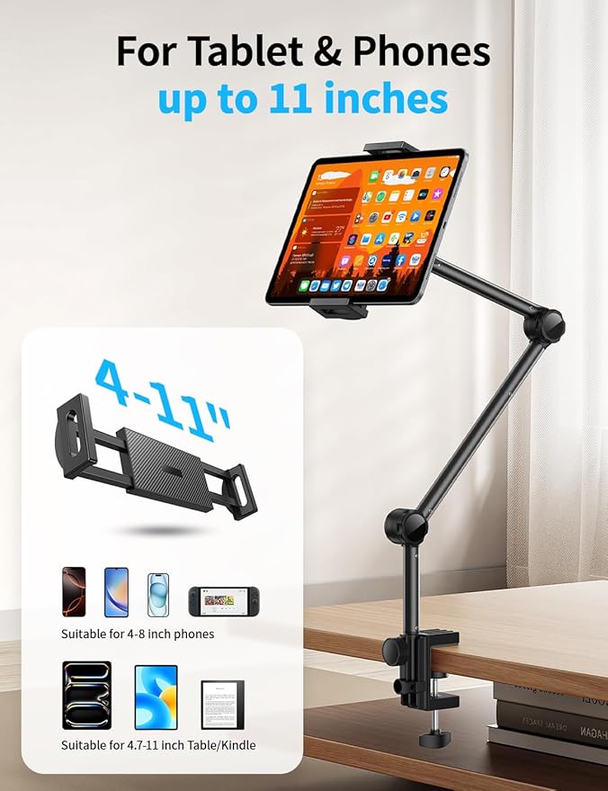OMOTON Tablet Stand Mount for Desk, Adjustable Phone Holder for Bed with Metal Arm Fits for 4.7-11 Inches iPad Pro, Air/Mini, Kindle and Phones