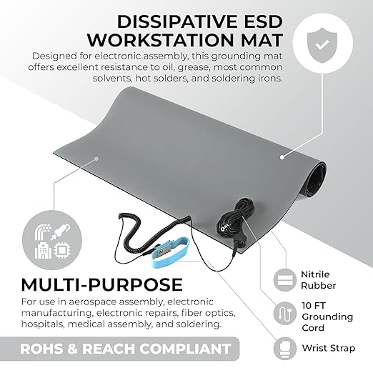 MWRF ESD Mat Kit with Wrist Strap and Grounding Cord (20 Inches x 24 Inches x 0.12 Inch, Grey) - MWRF Source