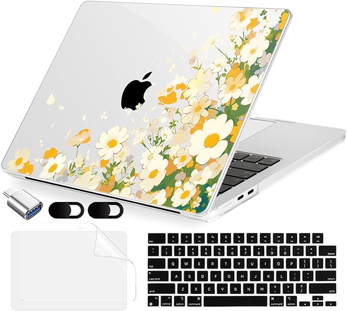 Compatible with MacBook Air 15 inch Case, M4 A3241/M3 A3114/M2 A2941 (Released 2025 to 2023), Hard Shell, Keyboard Cover, Screen Protector, Webcam Cover & Type-C Adapter, Scatter Daisies