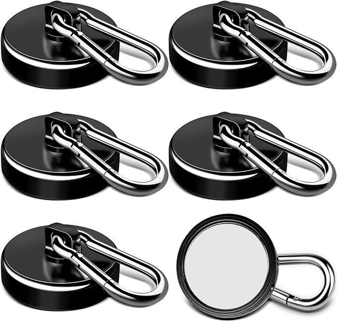 LOVIMAG Magnetic Hooks, 150LBS Strong Magnet Hooks Black Swivel Magnetic Hook Heavy Duty for Refrigerator, Neodymium Magnets with Carabiner Hook for Hanging, Kitchen, Cruise Cabins, Grill-6 Pack