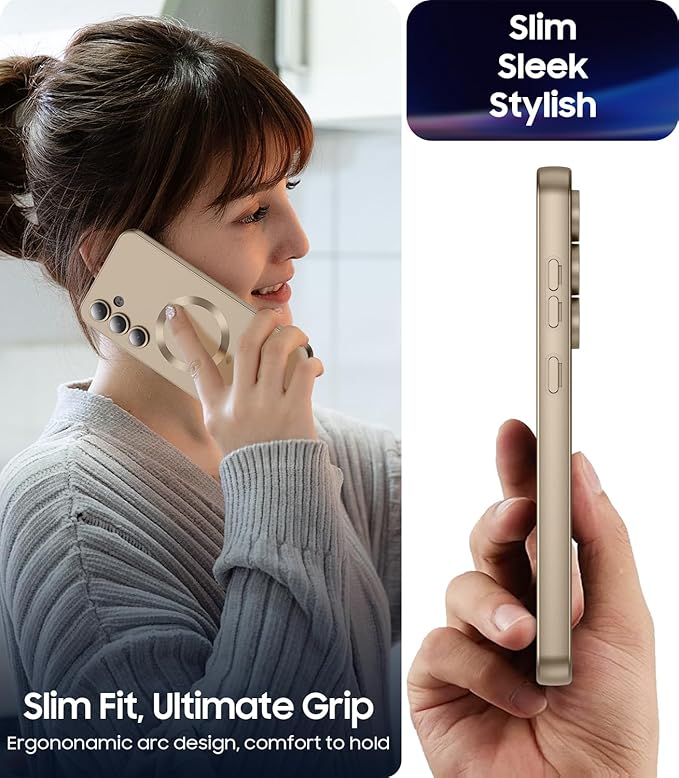 Magnetic for Samsung Galaxy S24 Case [Compatible with MagSafe][Built-in Camera Lens Protector] Slim Soft Silicone Bumper Shockproof Metallic Luster Phone Case (Gold)