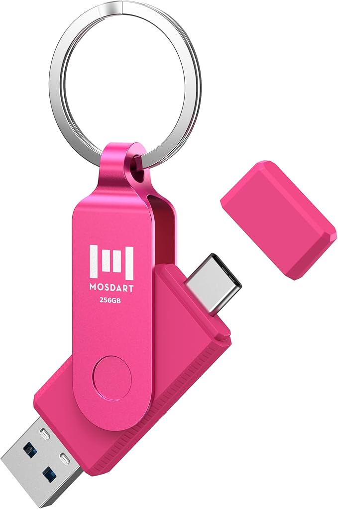 MOSDART 256GB USB3.1 Fast Speed C and A Dual Flash Drive, exFAT Memory Stick with Keychain and LED Indicator, for iPhone 15 and 16, Android Phone, iPad, MacBook, and Other Laptops, Hot Pink