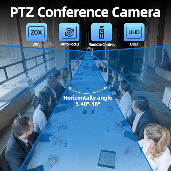4K Conference Room Camera,PTZ Camera 20X Optical Zoom with IP/USB3.0/HDMI/RS232/RS485 for IP Live Streaming Video Conference and Church Education