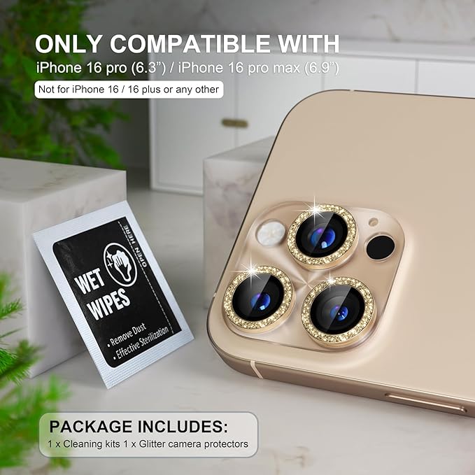 Choiche Compatible for iPhone 16 Pro/iPhone 16 Pro Max Camera Lens Protector, Bling Camera Cover with 9H Tempered Glass Lens Screen Protector Metal Ring Decoration Accessories (Clear-Titanium Desert)