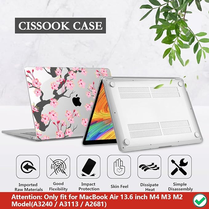 CISSOOK Compatible with MacBook Air 13.6 Inch Case A2681 A3113 A3240 2022-2025 Release, Hard Shell Case with Keyboard Cover for MacBook Air 13.6 M2 M3 M4 - Cherry Blossoms