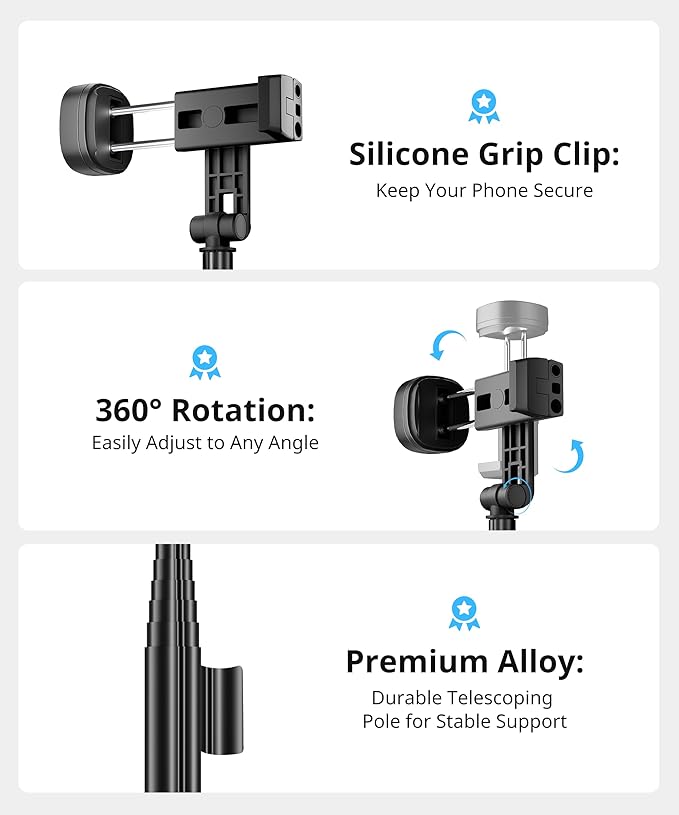 Selfie Stick Travel Tripod for iPhone Wireless Remote for Selfies, Extendable Selfie Stick for iPhone, iPhoneTripod for Video Recording, 60 inch, Black