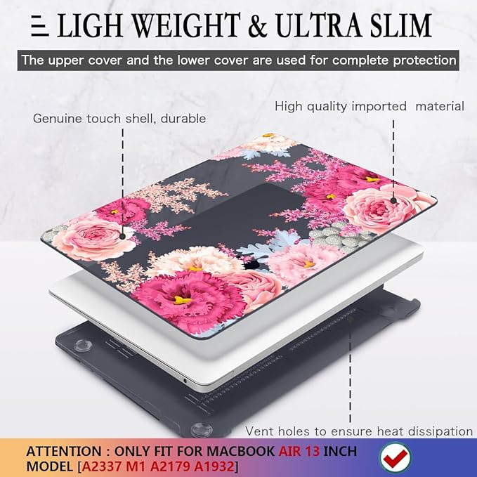 CISSOOK Floral Case Cover for MacBook Air 13 Inch 2020 2021 2019 2018 Release A2337 M1 A1932 A2179, Plastic Hard Shell Case with Keyboard Cover for MacBook Air 13" with Touch ID, Gorgeous Flowers