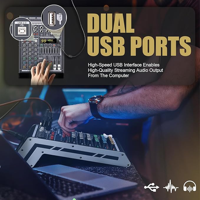 Professional Audio Mixer 4 Channel Sound Board Console System 99 DSP DJ Mixer 48V Phantom for Karaoke DJ Studio Streaming Recording