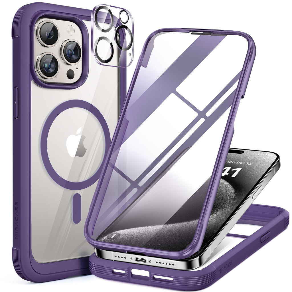 Miracase Magnetic for iPhone 15 Pro Case [Compatible with MagSafe] Full-Body Bumper Phone case with Built-in Glass Screen Protector& Camera Protector, Military Drop Proof 15 Pro Cover, Magnetic Purple