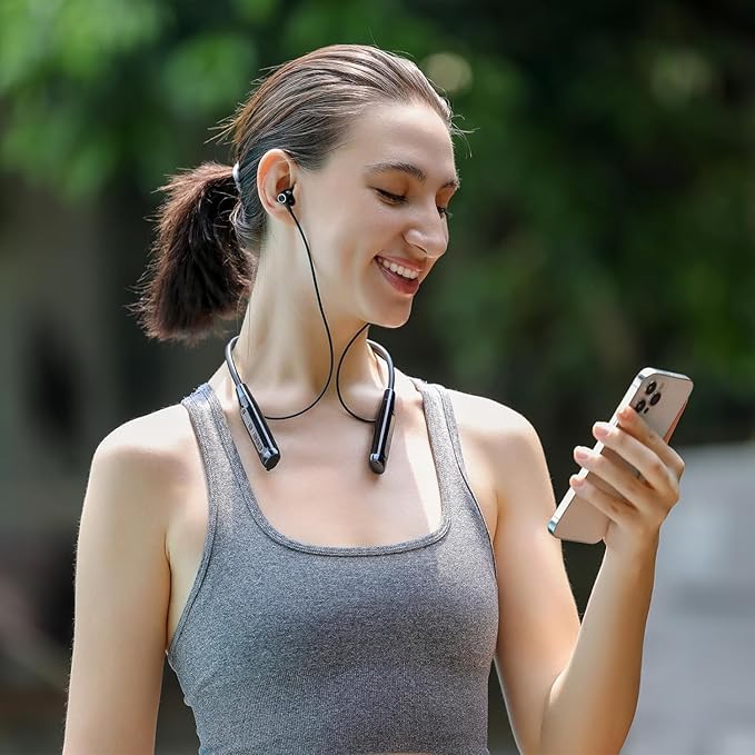 Neckband Bluetooth Headphones，6.0 Bluetooth 120 Hours Playtime，IPX7 Sports Waterproof Earbuds with Microphone Noise Cancelling with TF Card Slot ，HiFi Stereo (Black)