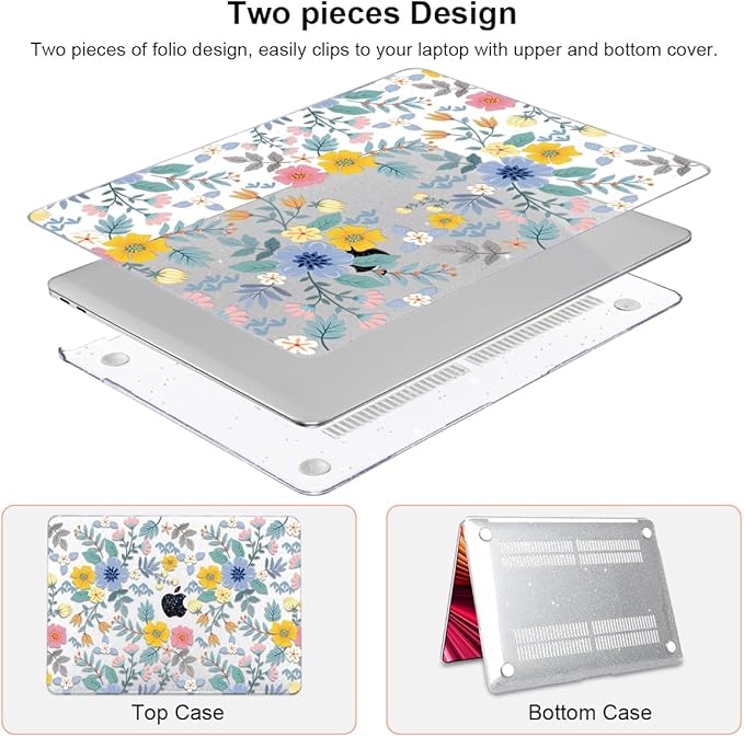 Compatible with MacBook Air 13 Inch M1 Case 2021 2020 2019 2018 Release A2337 A2179 A1932 Touch ID, Shiny Crystal Pattern Plastic Hard Shell Case Keyboard Cover Screen Film, Flowers L213