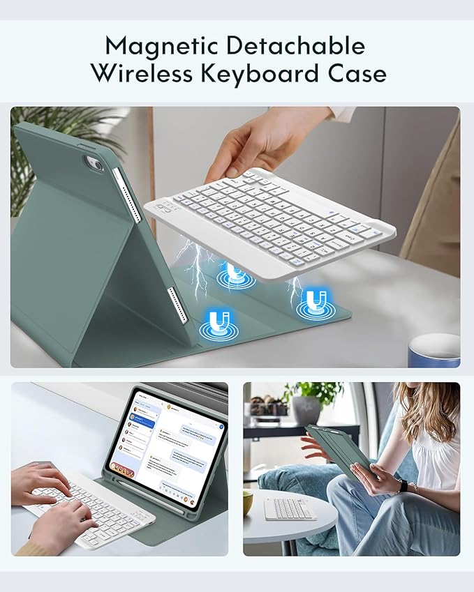 Keyboard Case for iPad 10th Generation 2022 10.9-inch - Rechargeable Detachable Wireless Bluetooth Keyboard - Smart Folio Cover with Pencil Holder for 10.9 inch Apple iPad 10th Generation, Dark Green