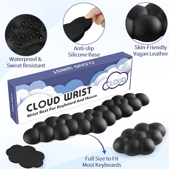 Cloud Wrist Rest for Keyboard and Mouse, Memory Foam PU Leather Keyboard Wrist Rest with Ergonomic Support, Non-Slip Base, Cute Arm Rest Pad & Palm Cushion, Office Desk Accessory, Black