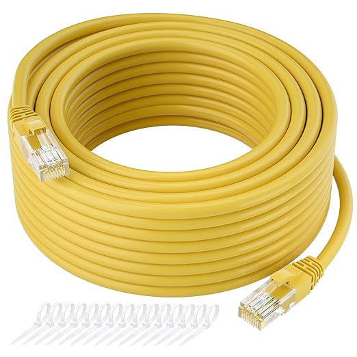 Cat5e Ethernet Cable 35 FT, Long Cat 5e Internet Cable, Yellow Snagless Patch Cord, Flexible, Network, LAN, PoE, Standard RJ45 Connector for PC, Server, Router, Modem, TV, PS5 - with 15 Cable Ties