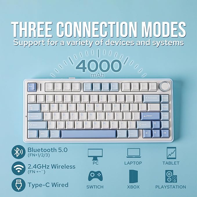 EPOMAKER x Aula F75 Gasket Mechanical Keyboard, 75% Wireless Hot Swappable Gaming Keyboard with Five-Layer Padding&Knob, Bluetooth/2.4GHz/USB-C, RGB (Sea Salt Blue, Ice Vein Switch)