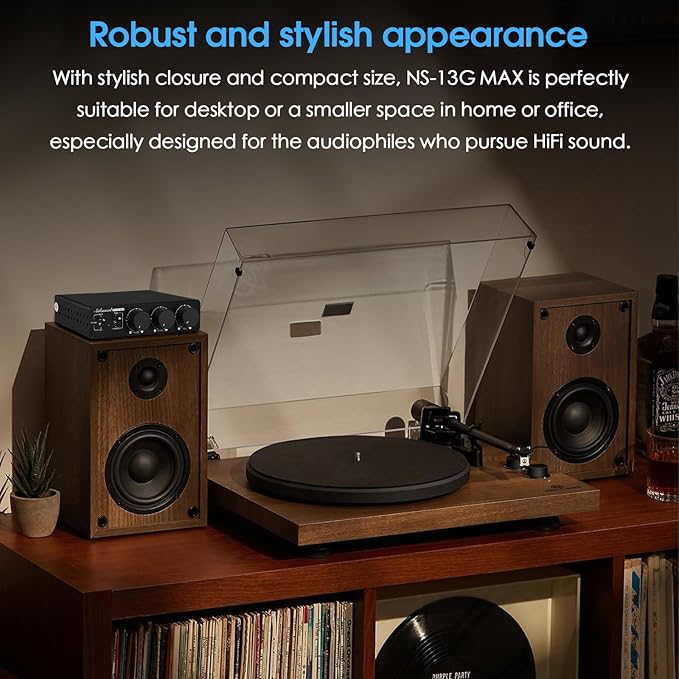 Douk Audio NS-13G MAX 300Wx2 Stereo Amplifier with Phono Input - HiFi Class D Mini Power Amp for Home Theater, Turntables, Studio Monitor | TPA3255 Chip, RCA/MM Inputs, Bass/Treble Control (DC 48V)