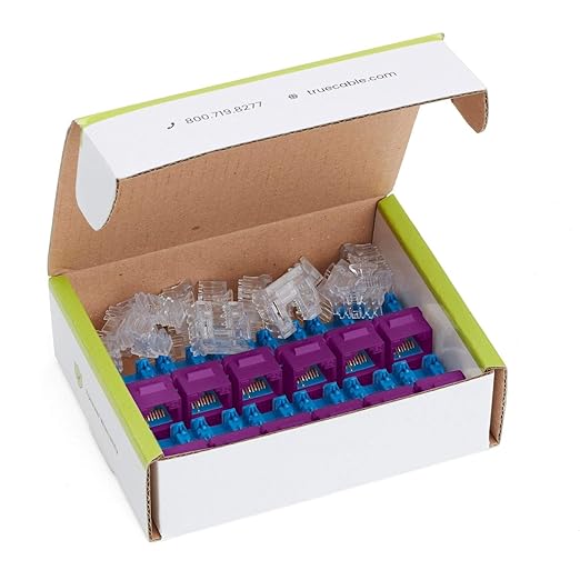 trueCABLE Cat6A Keystone Jack, Unshielded (UTP), 90 Degree Punch-Down, PoE++ (4PPoE), UL Listed, ETL Verified, ANSI/TIA Certified, Modular RJ45 Female, Purple, 12 Pack