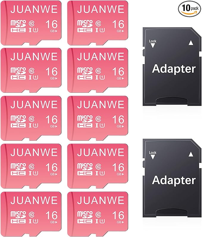 JUANWE 16GB Micro SD Card 10 Pack microSDHC Memory Card with SD Adapter, C10, U1,TF Card 16GB for Dash Cam, Security Camera, Pink