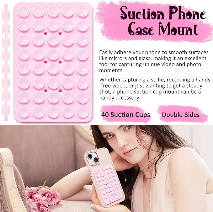 2 Pack Silicone Suction Cup Phone Case Mount Double Sided, Hands-Free Strong Grip Silicon Phone Holder, Non Slip Phone Accessories for Selfies and Videos (Light Pink)