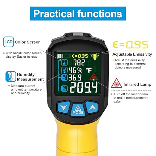 MESTEK Infrared Thermometer Temperature Gun, Non-Contact Digital Laser Thermometer with Probe for Cooking, Home and Industry Repair, Humidity Measurement, Adjustable Emissivity -58°F to 1472°F